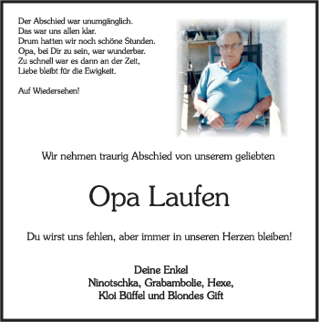 Traueranzeige von Opa Laufen  von Rundschau Gaildorf