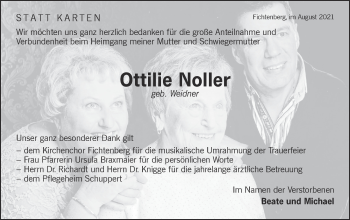 Traueranzeige von Ottilie Noller von Rundschau Gaildorf