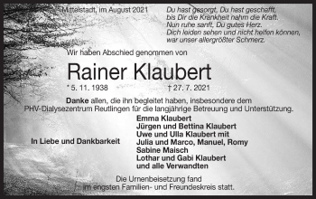 Traueranzeige von Rainer Klaubert von Metzinger-Uracher Volksblatt