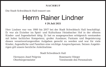 Traueranzeige von Rainer Lindner von Haller Tagblatt