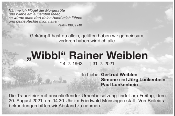 Traueranzeige von Rainer Weiblen von Metzinger-Uracher Volksblatt