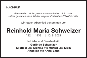 Traueranzeige von Reinhold Maria Schweizer von NWZ Neue Württembergische Zeitung