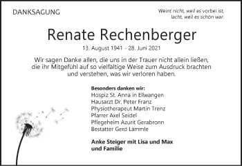 Traueranzeige von Renate Rechenberger von Hohenloher Tagblatt