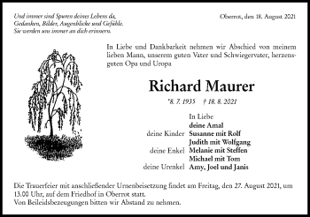 Traueranzeige von Richard Maurer von Rundschau Gaildorf