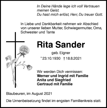 Traueranzeige von Rita Sander von SÜDWEST PRESSE