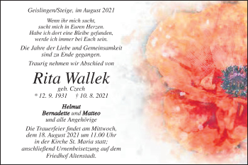 Traueranzeige von Rita Wallek von Geislinger Zeitung