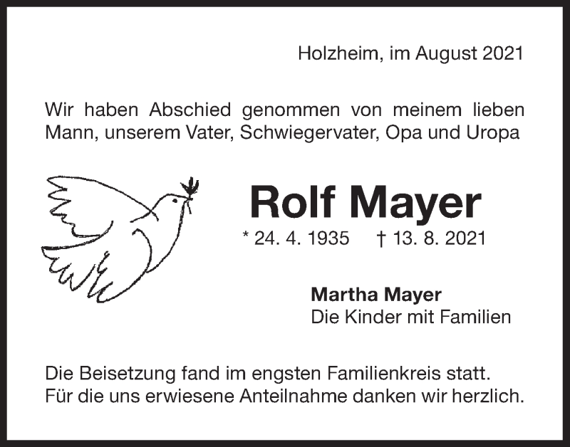  Traueranzeige für Rolf Mayer vom 24.08.2021 aus NWZ Neue Württembergische Zeitung