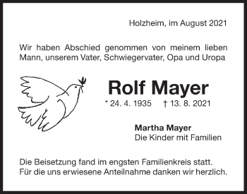 Traueranzeige von Rolf Mayer von NWZ Neue Württembergische Zeitung