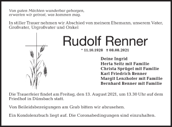 Traueranzeige von Rudolf Renner von Hohenloher Tagblatt