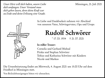 Traueranzeige von Rudolf Schwörer von Alb-Bote/Metzinger-Uracher Volksblatt