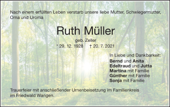 Traueranzeige von Ruth Müller von NWZ Neue Württembergische Zeitung