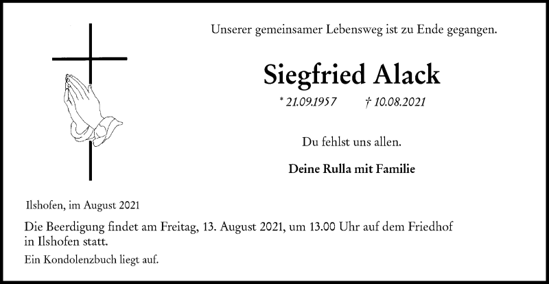  Traueranzeige für Siegfried Alack vom 12.08.2021 aus Hohenloher Tagblatt