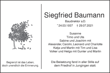 Traueranzeige von Siegfried Baumann von SÜDWEST PRESSE Ausgabe Ulm/Neu-Ulm