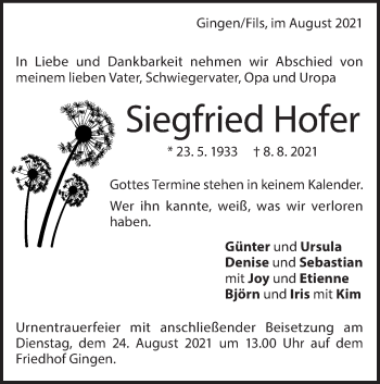 Traueranzeige von Siegfried Hofer von Geislinger Zeitung