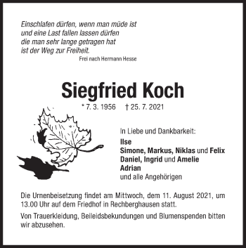 Traueranzeige von Siegfried Koch von NWZ Neue Württembergische Zeitung