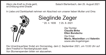 Traueranzeige von Sieglinde Zeger von NWZ Neue Württembergische Zeitung