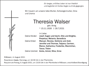 Traueranzeige von Theresia Walser von Ehinger Tagblatt