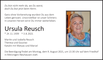 Traueranzeige von Ursula Reusch von Metzinger-Uracher Volksblatt