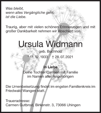 Traueranzeige von Ursula Widmann von NWZ Neue Württembergische Zeitung