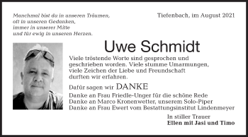 Traueranzeige von Uwe Schmidt von Hohenloher Tagblatt