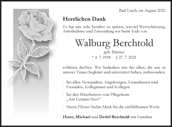 Traueranzeige von Walburg Berchtold von Metzinger-Uracher Volksblatt