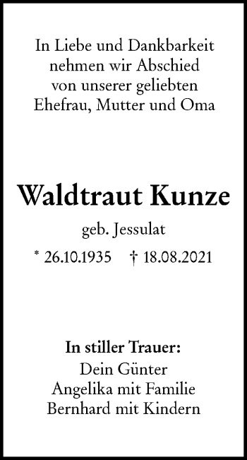 Traueranzeige von Waldtraut Kunze von SÜDWEST PRESSE Ausgabe Ulm/Neu-Ulm