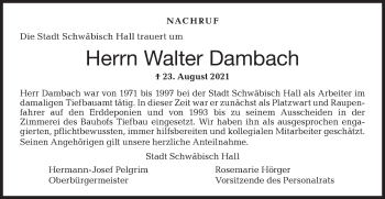 Traueranzeige von Walter Dambach von Haller Tagblatt