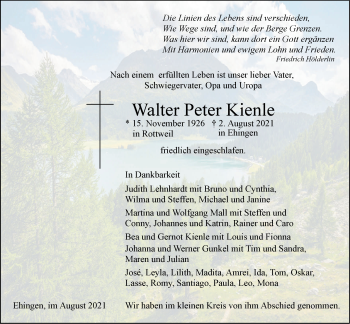 Traueranzeige von Walter Peter Kienle von Ehinger Tagblatt