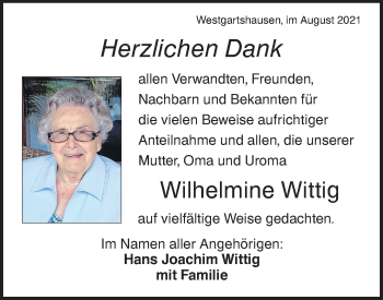 Traueranzeige von Wilhelmine Wittig von Hohenloher Tagblatt