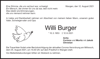 Traueranzeige von Willi Burger von NWZ Neue Württembergische Zeitung