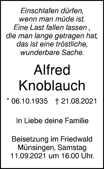 Traueranzeige von Alfred Knoblauch von SÜDWEST PRESSE Ausgabe Ulm/Neu-Ulm