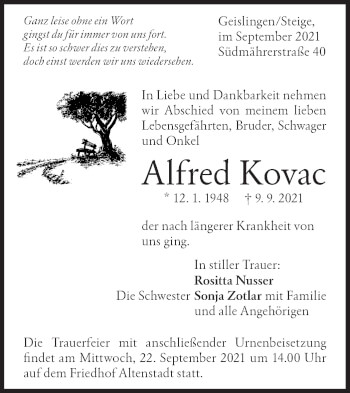 Traueranzeige von Alfred Kovac von Geislinger Zeitung