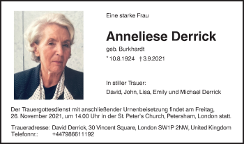 Traueranzeige von Anneliese Derrick von SÜDWEST PRESSE Ausgabe Ulm/Neu-Ulm