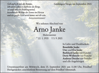 Traueranzeige von Arno Janke von Geislinger Zeitung