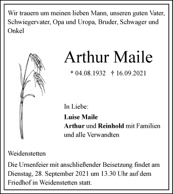 Traueranzeige von Arthur Maile von SÜDWEST PRESSE Ausgabe Ulm/Neu-Ulm