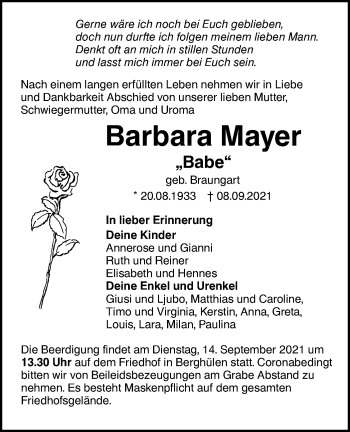 Traueranzeige von Barbara Mayer von SÜDWEST PRESSE Ausgabe Ulm/Neu-Ulm