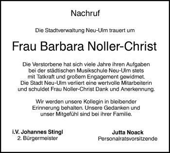 Traueranzeige von Barbara Noller-Christ von SÜDWEST PRESSE Ausgabe Ulm/Neu-Ulm