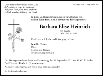 Traueranzeige von Barbara Elise Heinrich von Metzinger-Uracher Volksblatt