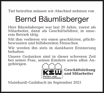 Traueranzeige von Bernd Bäumlisberger von Haller Tagblatt