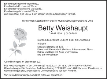 Traueranzeige von Betty Weishaupt von Ehinger Tagblatt