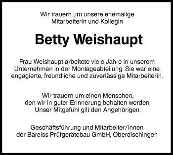 Traueranzeige von Betty Weishaupt von SÜDWEST PRESSE Ausgabe Ulm/Neu-Ulm