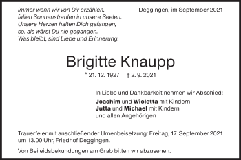 Traueranzeige von Brigitte Knaupp von Geislinger Zeitung