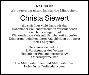 Traueranzeige von Christa Siewert von Haller Tagblatt