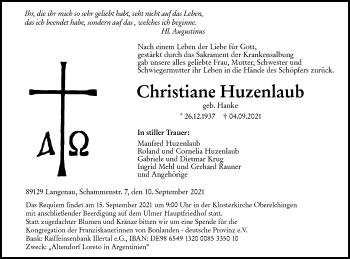 Traueranzeige von Christiane Huzenlaub von SÜDWEST PRESSE Ausgabe Ulm/Neu-Ulm