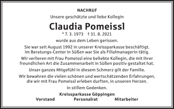 Traueranzeige von Claudia Pomeissl von NWZ Neue Württembergische Zeitung/Geislinger Zeitung