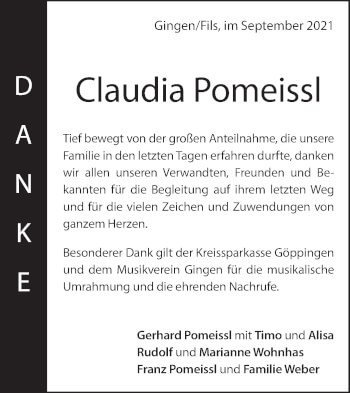 Traueranzeige von Claudia Pomeissl von NWZ Neue Württembergische Zeitung/Geislinger Zeitung