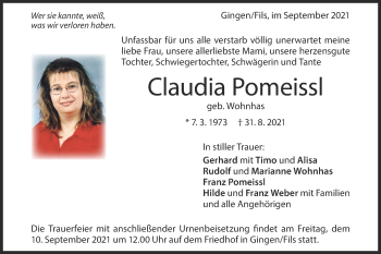 Traueranzeige von Claudia Pomeissl von NWZ Neue Württembergische Zeitung/Geislinger Zeitung