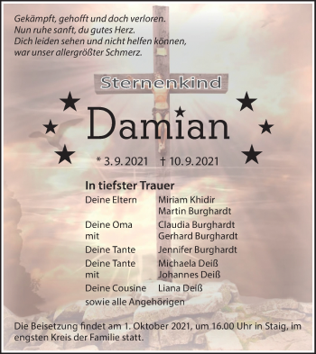 Traueranzeige von Damian  von SÜDWEST PRESSE Ausgabe Ulm/Neu-Ulm