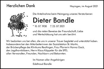 Traueranzeige von Dieter Bandle von Alb-Bote/Metzinger-Uracher Volksblatt