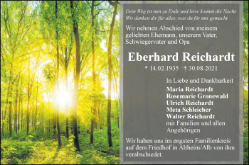 Traueranzeige von Eberhard Reichardt von SÜDWEST PRESSE Ausgabe Ulm/Neu-Ulm